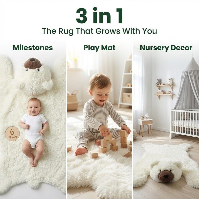Alfombra de oso polar para la habitación del bebé - Alfombra de juego mullida, decoración personalizada con temática de bosque para bebés imagen 9
