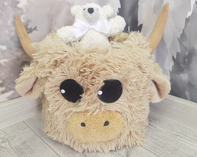 Highland Cow Toy Bin: Neutral Farmhouse Nursery Basket, Fabric Storage, Baby Girl or Boy Room Decor, Rustic Toddler Organizer