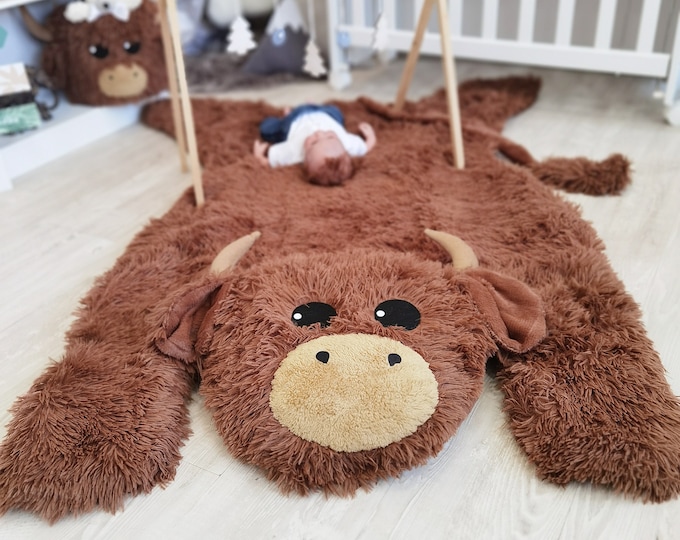 Highland Cow Nursery Rug - Plush Farm Animal Baby Decor, Ideal New Baby Gift, Customizable Rug Size