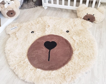 Round Bear Nursery Rug - Personalized Teddy Play Mat, Woodland Newborn Baby Gift