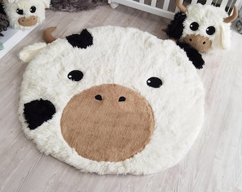 Tapis de chambre de bébé vache Highland : décoration de ferme en peluche