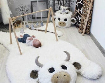 Highland Cow Nursery Rug: Faux Fur Farm Animal Decor