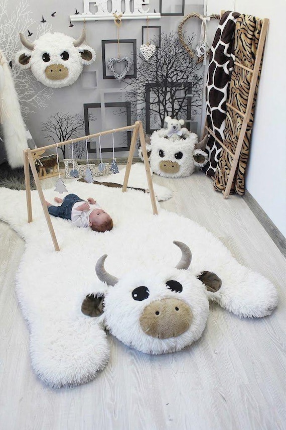 Highland Cow Nursery Rug: Faux Fur Farm Animal Decor - Etsy