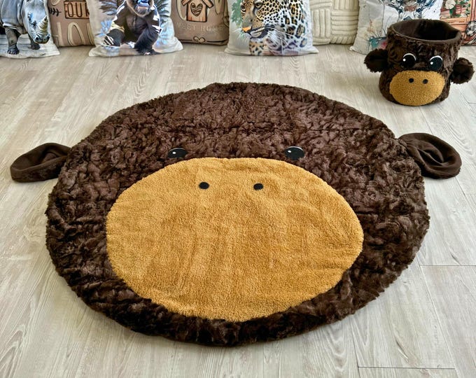 Personalized Monkey Nursery Rug, Soft Minky Playmat, Cuddly Animal Floor Decor, Baby Room Essential, Kids Play Area Rug