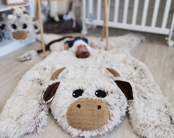 Personalized Highland Cow Rug - Cozy Handmade Nursery Decor, Plush Animal Playmat, Minky Baby Gift