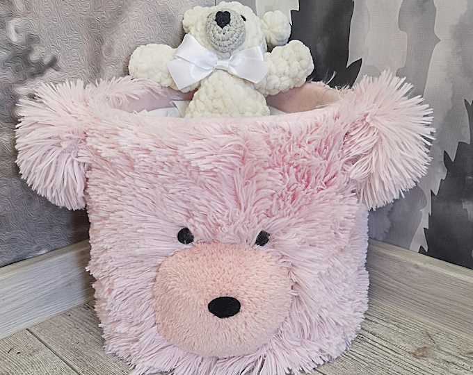 Custom Bear Toy Bin for Girls, Nursery Storage Basket, Personalized Plush Bear Decor, Charming Kids Room Organizer, Playroom Decor Accessory