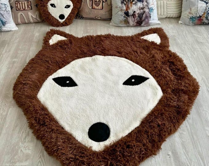 Wolf Nursery Rug Set, Brown Minky Wolf Rug, Woodland Nursery Decor, Wolf Pillow, Animal Wall Decor, Baby Room Rug Personalized