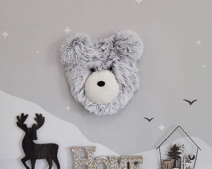 Gray Bear Head Wall Mount - Faux Taxidermy Nursery Decor - Woodland Animal Trophy