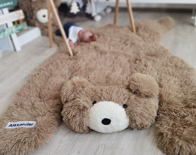 Woodland Nursery Bear Rug - Custom Faux Fur Animal Rug, Cute Baby Bear Decor for Boy or Girl Room, Ideal for Baby Shower Gift