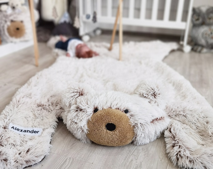 Customizable Plush Bear Nursery Rug - Woodland Adventure Decor for Baby Boy, Perfect Shower Gift