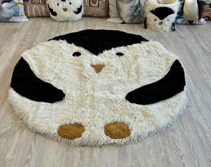 Penguin Nursery Rug - Round Shaggy Minky Play Mat - Baby Floor Mat - Black and White Animal Rug - Penguin Baby Room Decor - Soft Kids Rug