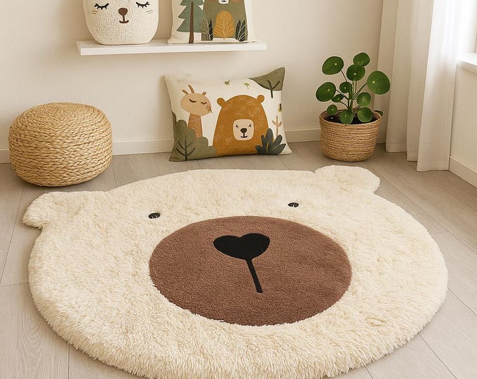 Bear Nursery Rug - Personalized Round Beige Playmat for Baby Room, Fluffy Mat