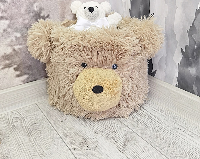 Custom Bear Toy Storage Bin - Whimsical Woodland Nursery Decor, Personalized Kids Room Organizer, Handcrafted Baby Shower Gift