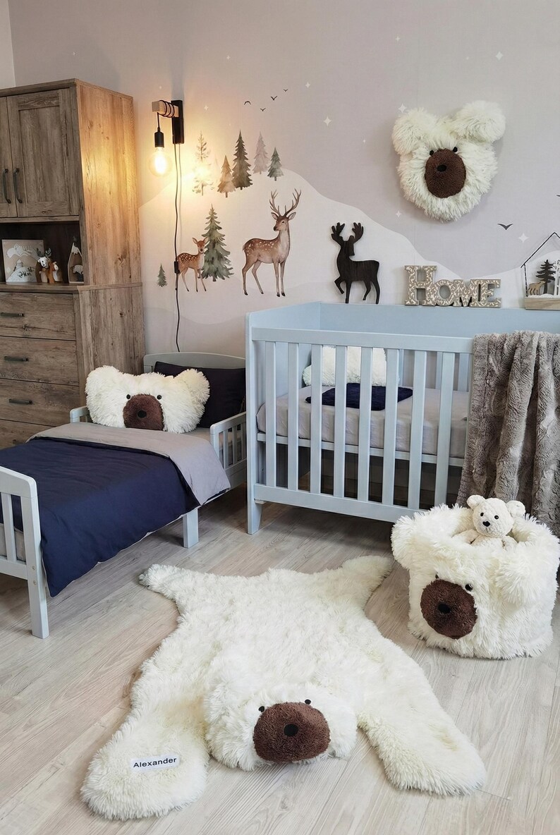 Alfombra de oso polar para la habitación del bebé - Alfombra de juego mullida, decoración personalizada con temática de bosque para bebés imagen 7