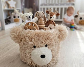 Handmade Minky Bear Storage Basket: Plush Woodland Nursery Decor