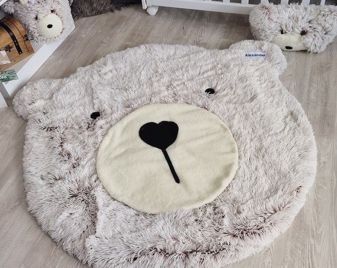 Woodland Nursery Bear Rug - Fluffy & Cute Personalized Rug for Baby Boy Room, Bear Decor Baby Gift Idea