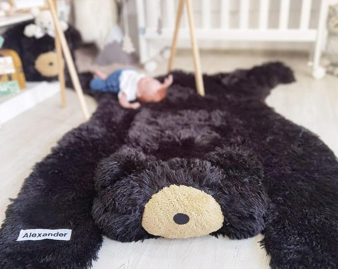 Black Bear Nursery Rug - Personalized Soft Minky Animal Playmat for Baby Boy