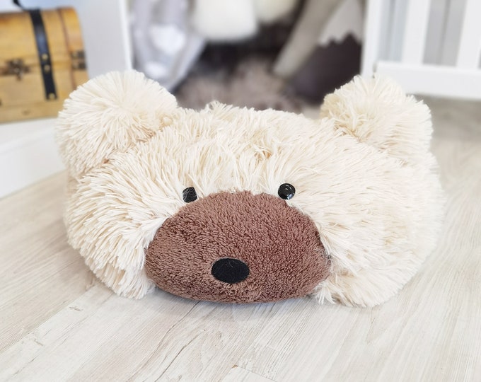 Personalized Bear Pillow, Beige Nursery Decor, Customizable Baby Gift, First Birthday, Christening Keepsake, Soft Minky Fabric