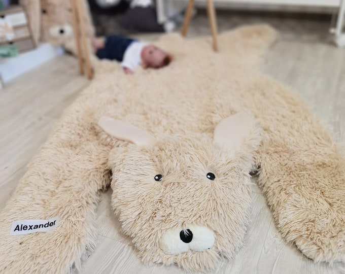 Personalized Bunny Nursery Rug - Customizable Woodland Animal Playmat, Soft Baby Floor Mat, Childs Name Monogrammed, Unique Baby Shower Gift