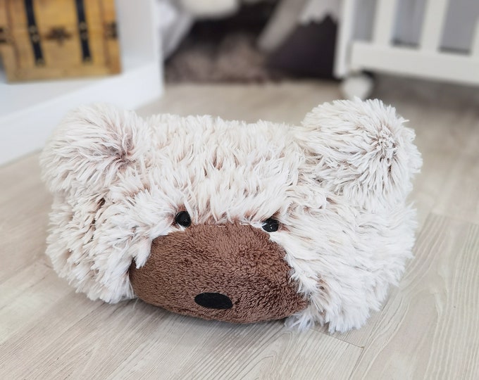 White & Brown Bear Pillow - Custom Plush Cushion, Soft Minky Playmate, Handmade Nursery Decor, Snuggly Animal Pillow for Kids