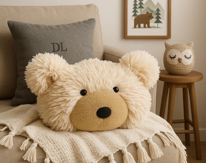 Bear Pillow for Nursery Decor – Shaggy Minky Animal Cushion – Plush Teddy Bear Pillow for Baby Room or Gift Set Option