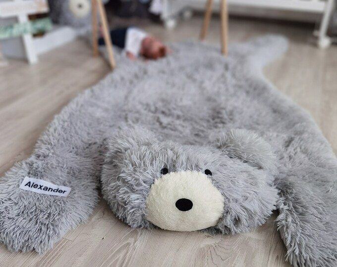 Custom Bear Rug for Nursery - Fluffy Animal Rug, Woodland Adventure Theme, Personalized Baby Room Decor, Unique Shower Gift