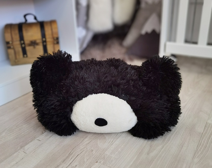 Boy's Black Bear Pillow - Plush Personalized Cuddle Toy, Soft Minky Nursery Decor, Handmade Snuggle Cushion, Kids' Adventure Decor