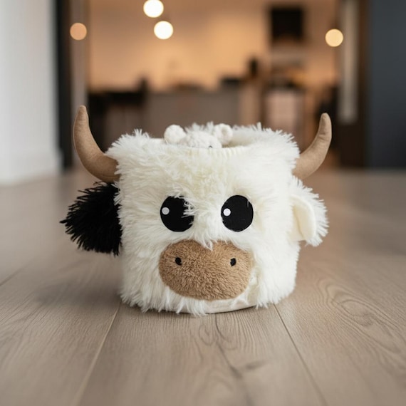 Handmade Highland Cow Nursery Basket: Plush Farm Animal Storage Bin