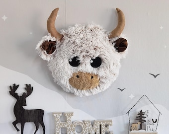 Support mural en peluche tête de vache des Highlands : décoration de chambre d'enfant personnalisée