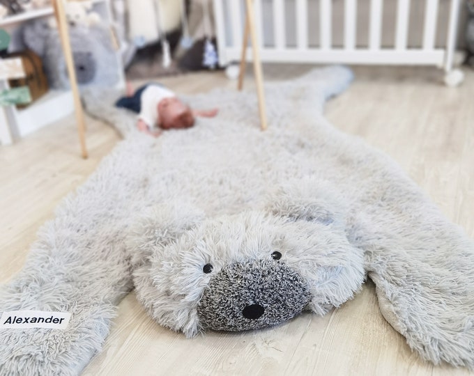 Personalized Gray Bear Rug for Nursery – Soft Shaggy Minky Animal Play Mat – Custom Name Kids Room Decor, Baby Shower Gift