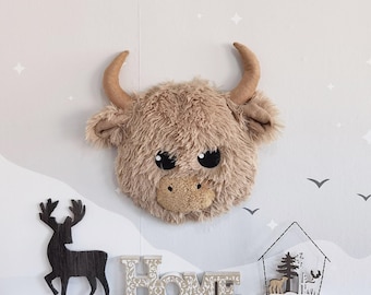 Fixation murale tête de vache Highland pour pépinière : décoration en peluche douce, tapis - 58 x 48 po.