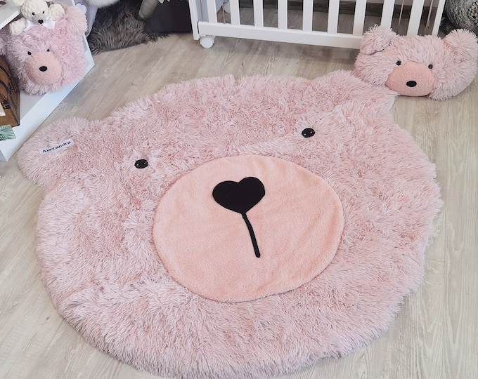 Adorable Pink Bear-Shaped Rug for Baby Girl - Soft Plush Animal Floor Mat for Nursery, Girls Bedroom Play Carpet