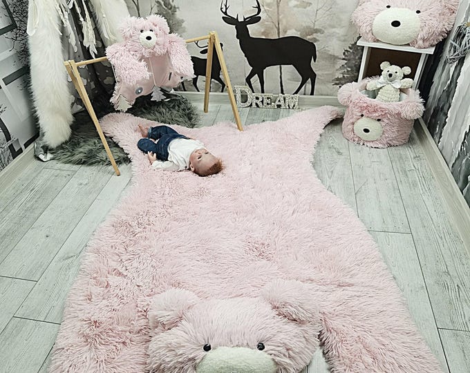 Pink Bear Nursery Rug - Personalized Girl Room Decor, Soft Plush Woodland Playmat, Baby Shower Gift for Girls