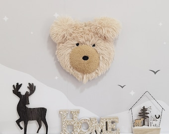 Plush Bear Head Wall Mount - Faux Fur Nursery Decor - Woodland Theme, Pictured Rug- 45"