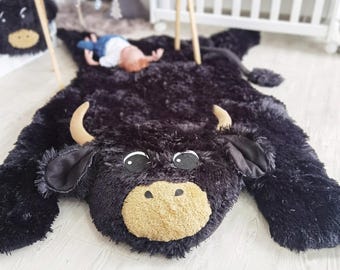 Highland Kuh Teppich Schwarz - Plüschtier Kindergarten Teppich für Baby Jungen Zimmer Dekor