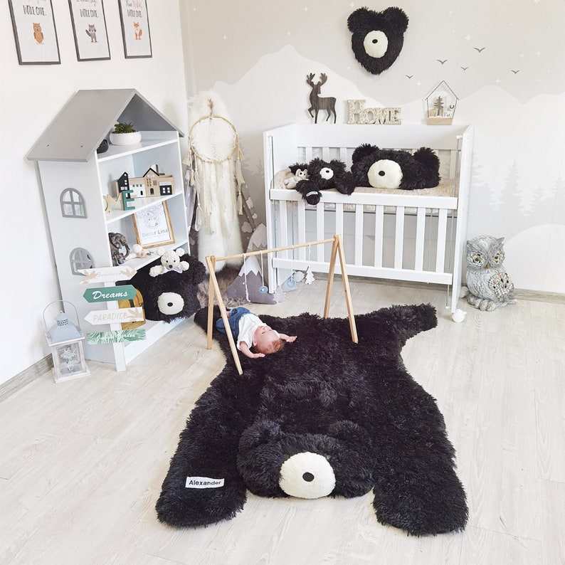 Handmade Bear Rug for Baby Boy, Woodland Nursery Rug, Soft Plush