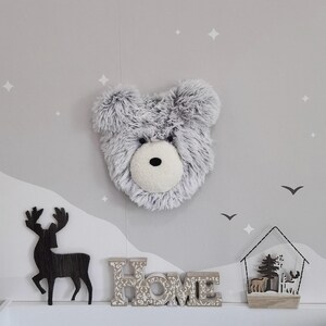 a wall decorated with a large stuffed bear head, a wooden deer, and a wooden house with a birdhouse. The bear head is mounted on the wall, while the wooden deer and house are placed below it. The background of the image is a light gray color with white stars scattered across it.