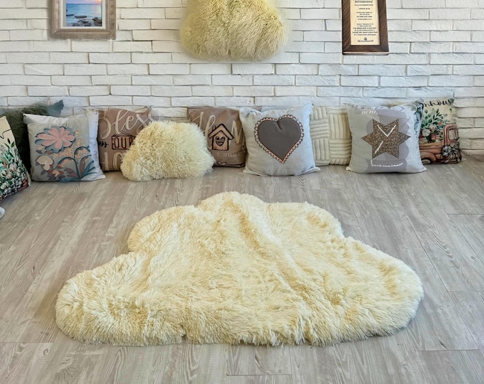 Cloud Rug Nursery – Fluffy Shaggy Minky Rug for Baby Room, Cozy Cloud Shaped Carpet, Neutral Nursery Decor, Baby Shower Gift, Soft Play Mat