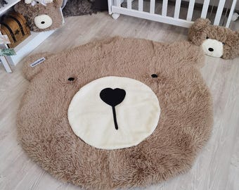 Taupe Nursery Rug - Fluffy Bear Play Mat, Personalized Woodland Baby Gift