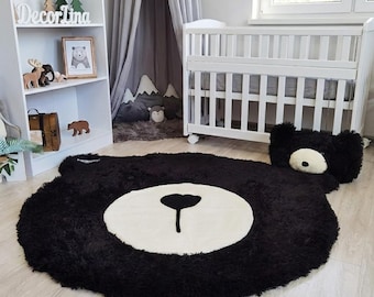 Black Bear Baby Rug - Tummy Time Play Mat, Personalized Nursery Decor