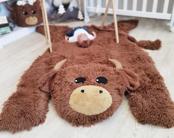 Highland Cow Nursery Rug - Personalized Farmhouse Baby Decor