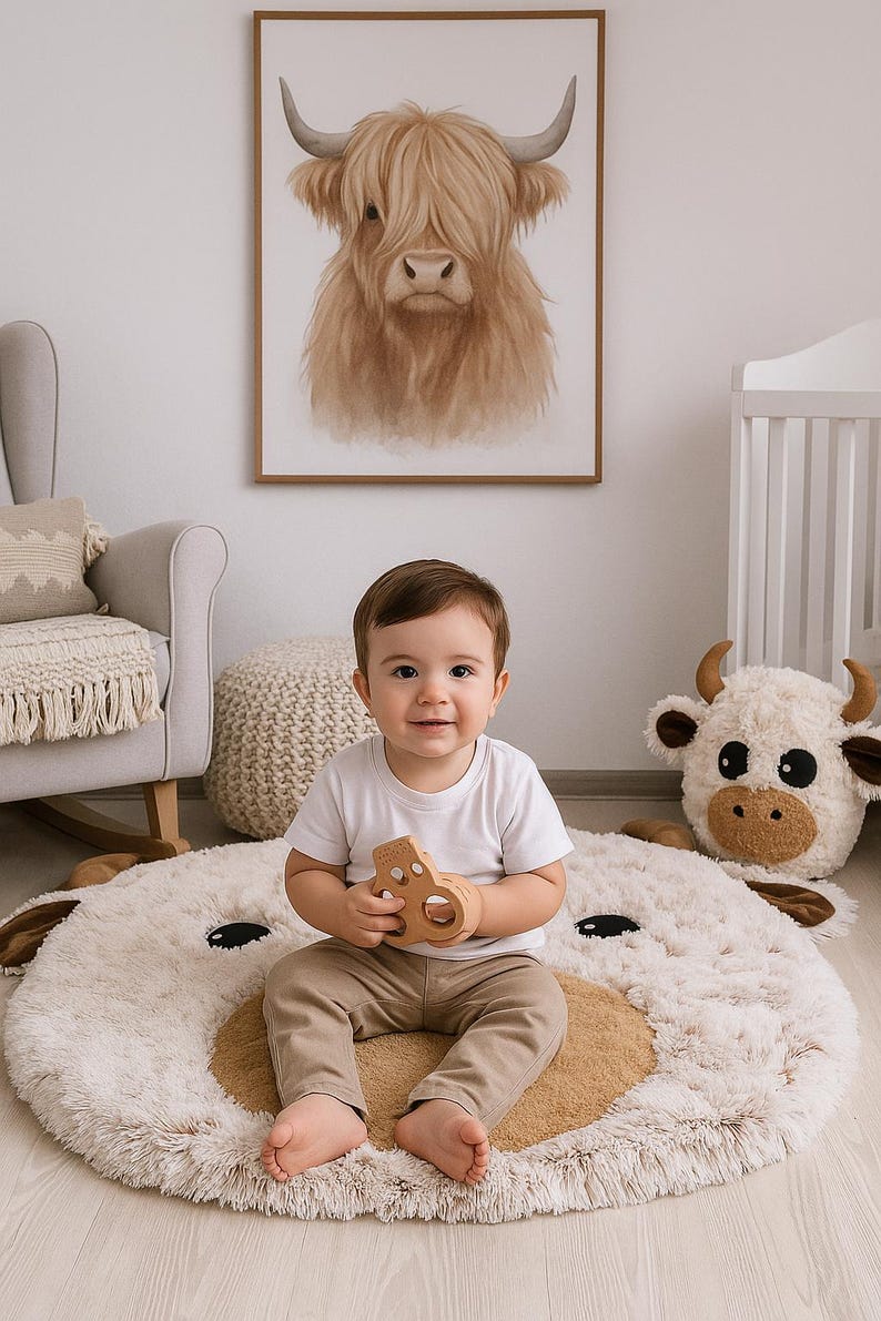 Round Highland Cow nursery rug handmade from soft Shaggy Minky fleece in creamy beige, tan brown, and dark chocolate details. Features a playful 3D cow face with plush ears and nose, black felt eyes, and a cozy, thick pile perfect for tummy time or gentle play. Measures approx. 37 inches and adds a warm, natural texture to the room. Lightweight and baby-safe, this cuddly floor mat is ideal for Montessori spaces, boho nurseries, and photo sessions.
