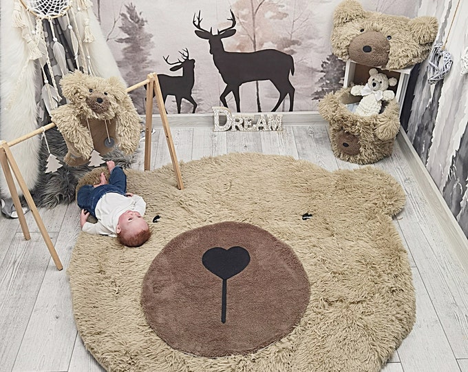 Fluffy Personalized Bear Rug - Woodland Nursery Decor, Adventure Theme, Cute Baby Room Gift, Customizable Rug
