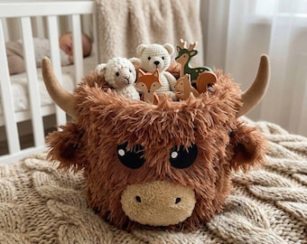 Handmade Highland Cow Toy Storage Basket: Farm Nursery Decor