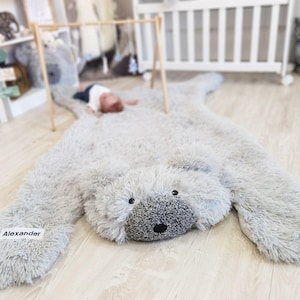 Bear Nursery Rug PERSONALIZED - Soft Minky Baby Play Mat, Custom Name Gray Woodland Decor