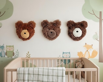 Decoración de pared de oso de peluche hecho a mano - cabeza de animal de bosque para habitación infantil