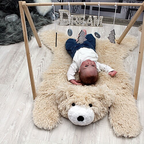 Personalized Beige Bear nursery rug, Woodland baby shower, bear gifts Handmade Rug Adventure Nursery Boy Nursery Decor