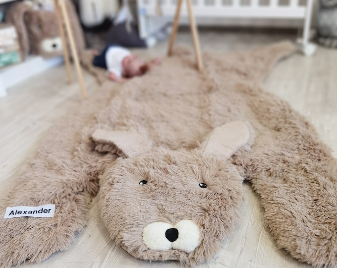 Soft Plush Bunny Rug for Baby Boy Nursery, Personalized Woodland Rabbit Rug, Neutral Nursery Decor