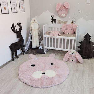 Pink Rabbit Play Mat Soft Pink Bunny Rug for Girls, Baby Nursery Decor, Woodland Playmat ...