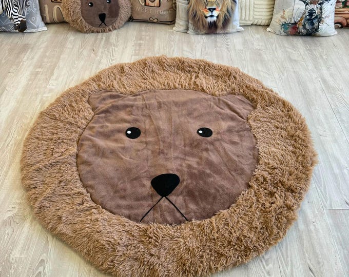 Custom Lion Nursery Rug, Handmade Shaggy Minky Animal Playmat, Soft Baby Room Floor Decor, Cozy and Cute Lion Rug, Perfect Baby Shower Gift